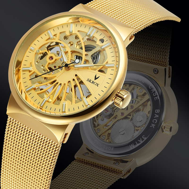 Mesh Stainless Strap - SKROX แบรนด์หรูแฟชั่นนาฬิกาข้อมือผู้ชายโครงเหล็กนาฬิกากลไกบางเฉียบสายตาข่ายกันน้ำการเคลื่อนไหวแบบแมนนวล