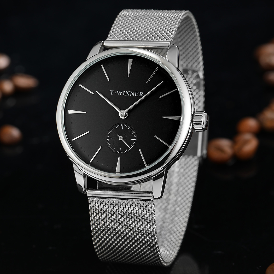 Mesh Stainless Strap - WINNER นาฬิกาข้อมือลายตาข่ายของแท้, นาฬิกากลไกจักรกลสำหรับกันน้ำผู้ชายแฟชั่นหรูหรานาฬิกาข้อมือลำลอง