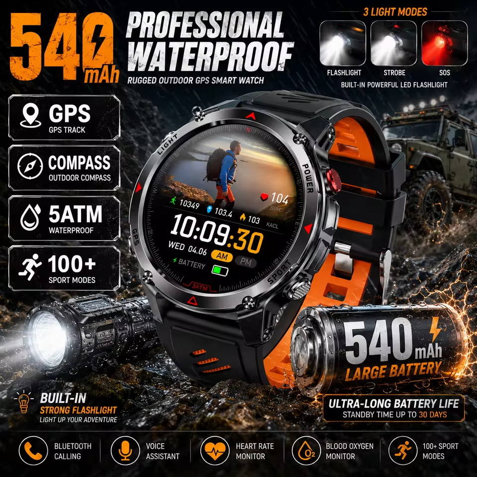 Smartwatch Professional Watches For Men - ทหาร 540mAh GPS สมาร์ทวอทช์ 3ATM กันน้ำหน้าจอ